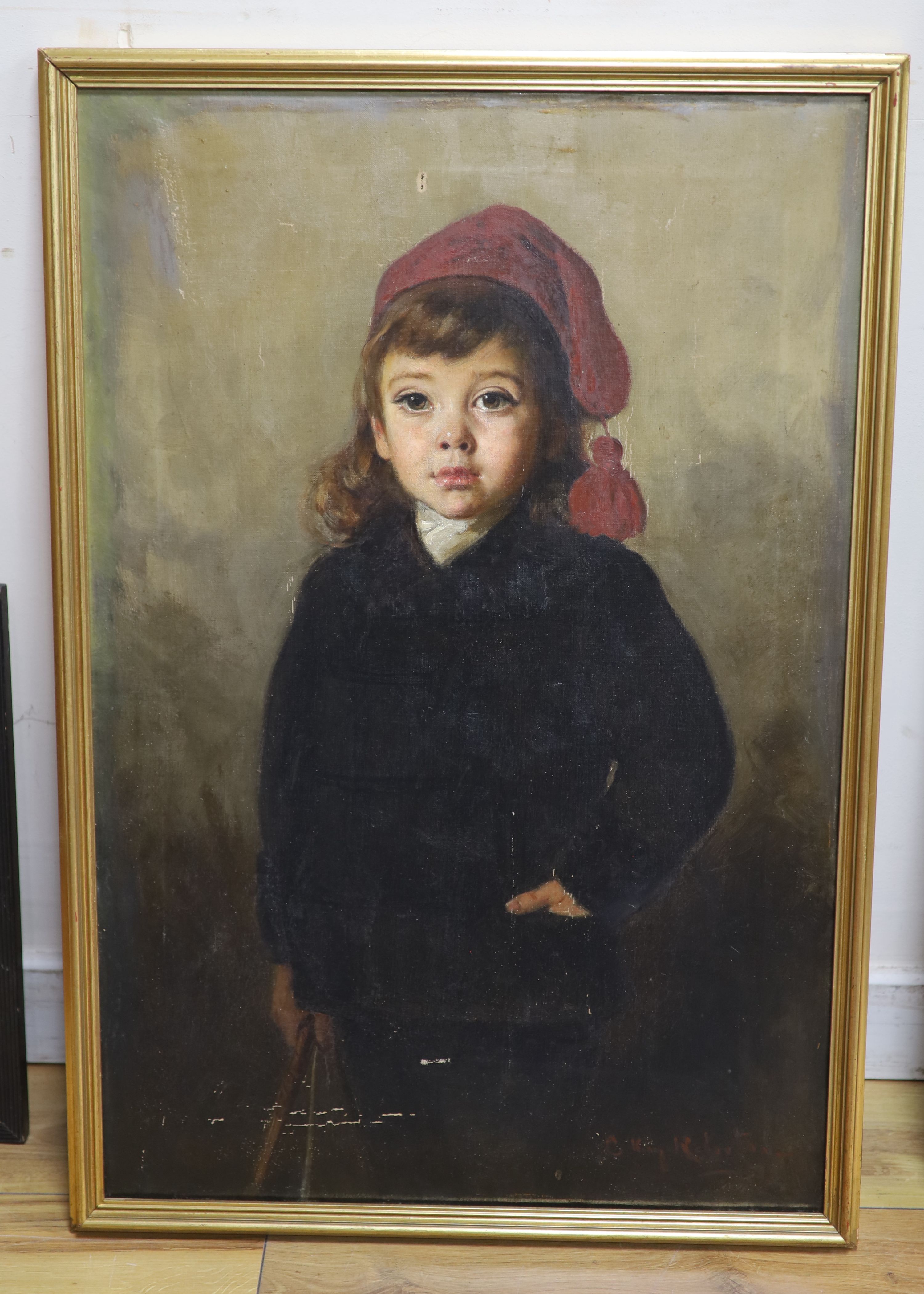 Charles Kay Robertson (fl.1877-1931), oil on canvas, Portrait of a girl wearing a black coat and red cap, signed, 76 x 50cm